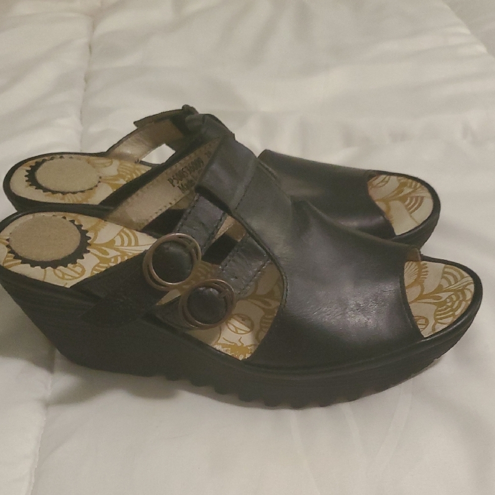 Fly London Black Leather Mules with Dual Buckles - Picture 2 of 13